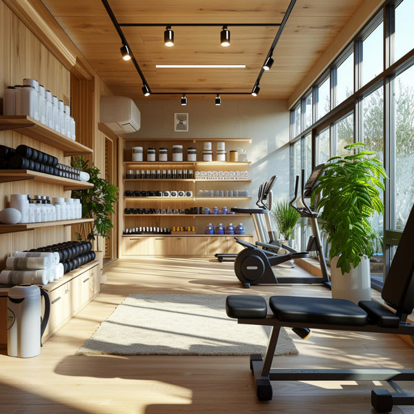 Modern health and wellness space with premium fitness equipment and health supplements, emphasizing high-quality health choices.
