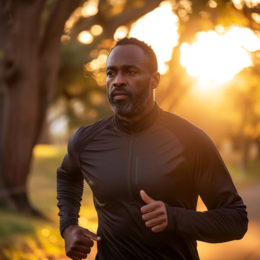 Active man in 40s jogging at sunrise, maintaining fitness in andropause.