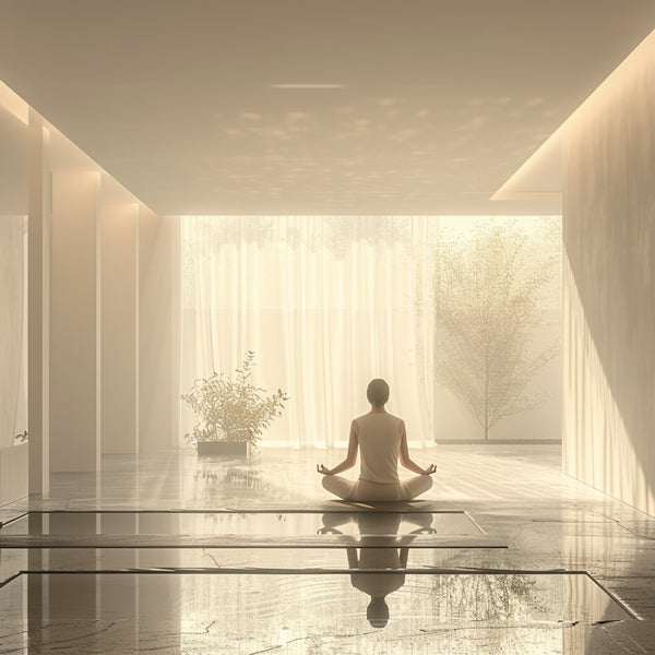 Individual meditating in a serene, minimalist room with natural light, embodying tranquility and mindfulness.