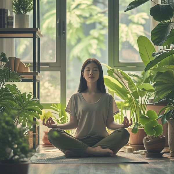 Gender-neutral professional meditating in home office with Ginkgo Biloba and Ginseng plants, symbolizing work-life balance and mental clarity.