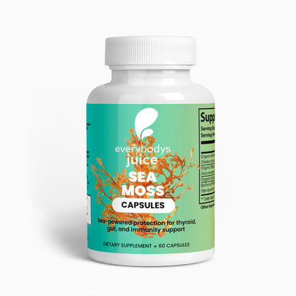 Bottle of Everybody's Juice Sea Moss Capsules dietary supplement for thyroid, gut, and immunity support