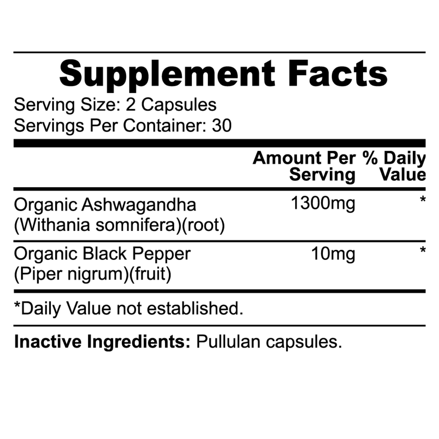 Supplement Facts label for Everybody's Juice Rest & Restore bundle showing serving size 2 capsules and amounts per serving: Organic Ashwagandha root 1300 mg, Organic Black Pepper fruit 10 mg, and inactive ingredient pullulan capsule.