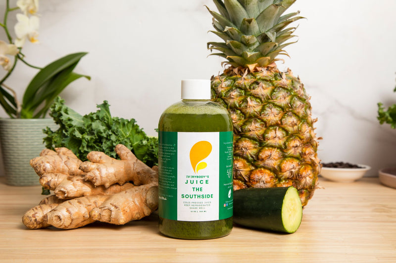The juice contains pineapple, cucumber, kale and reishi mushroom. Pineapple and cucumber provide hydration while kale detoxifies. Reishi mushroom contains antioxidants that reduce inflammation for clear, glowing skin and support immune health. Reishi also lowers cortisol levels to help manage stress. A refreshing juice made with farm-fresh ingredients to naturally promote healthy, radiant skin, stronger immunity, and lowered anxiety.